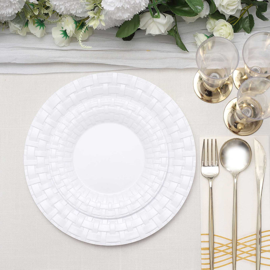 10 Pack | 10inch White Basketweave Rim Plastic Dinner Plates, Round Disposable Plates