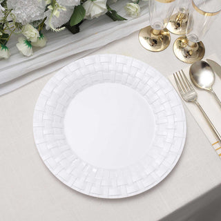Elegant White Basketweave Rim Plastic Dinner Plates for Stunning Event Decor