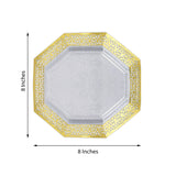 12 Pack - 8inch Royal Octagonal Plastic Disposable Salad Dessert Plates, Clear With Gold Lace Rim