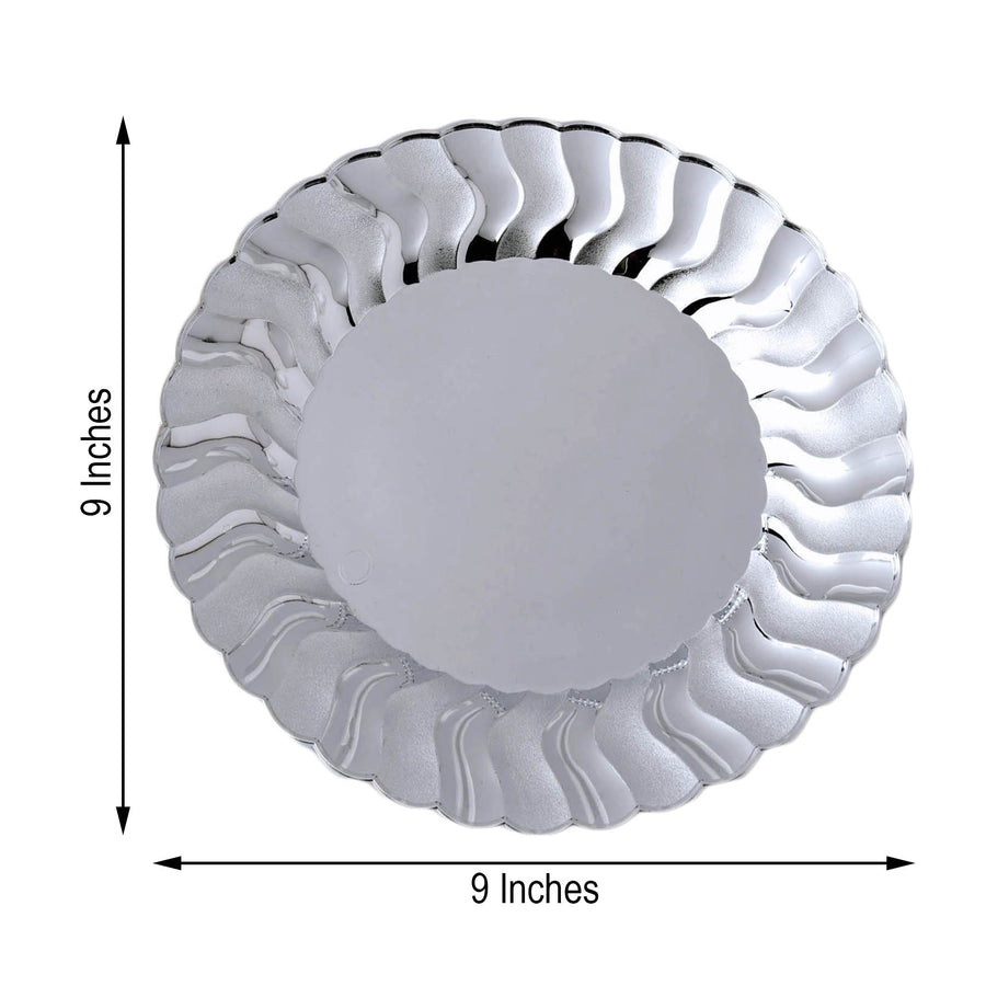 12 Pack - 9inch Flared Rim Silver Plastic Disposable Dinner Plates - Round