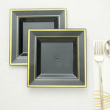 10 Pack | 7inch Gold Trim Black Square Plastic Salad Dessert Plates