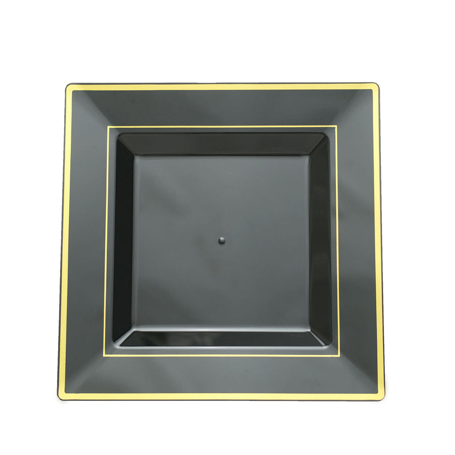 10 Pack | 10inch Gold Trim Black Square Plastic Disposable Dinner Plates#whtbkgd