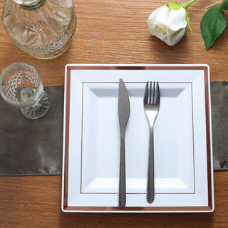Elevate Your Table Setting with Rose Gold Trim White Square Disposable Dinner Plates
