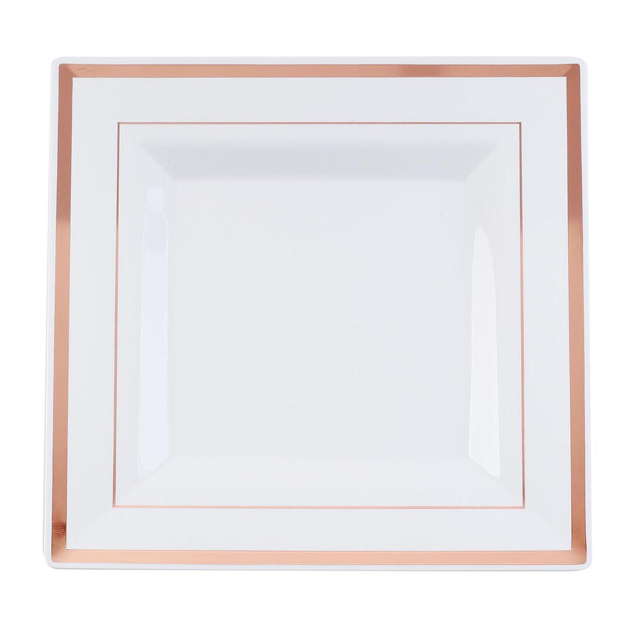 10 Pack - 10inch Rose Gold Trim White Square Plastic Disposable Dinner Plates#whtbkgd