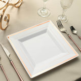 10 Pack - 10inch Rose Gold Trim White Square Plastic Disposable Dinner Plates