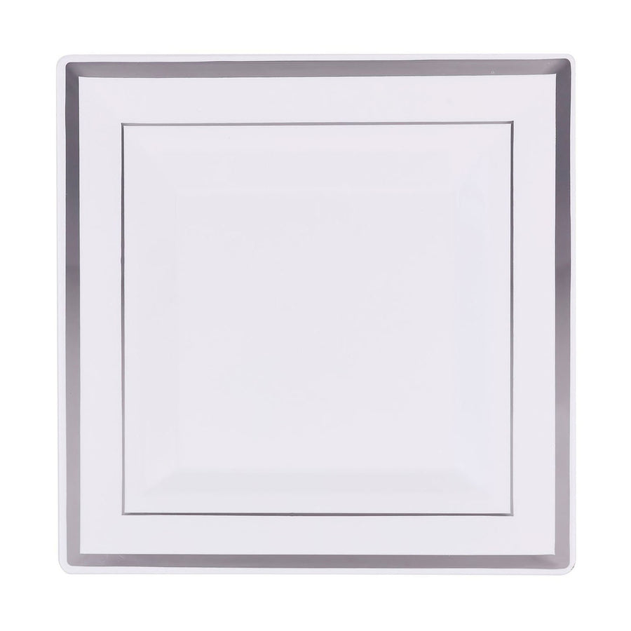 10 Pack - 10inch Silver Trim White Square Plastic Disposable Dinner Plates#whtbkgd