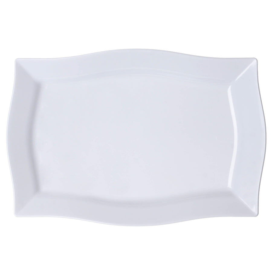 White Plastic Disposable Rectangular Serving Trays Plates - With Glossy Finish & Wave Trimmed Rim#whtbkgd