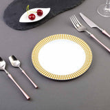 White Plastic Disposable Salad Dessert Appetizer Plates, Round With Gold Hot Stamped Checkered Rim