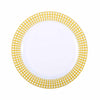 White Plastic Disposable Salad Dessert Appetizer Plates, Round With Gold Hot Stamped Checkered Rim