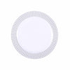 White Plastic Disposable Salad Dessert Appetizer Plates, Round With Silver Hot Stamped Checkered Rim