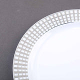 White Plastic Disposable Salad Dessert Appetizer Plates, Round With Silver Hot Stamped Checkered Rim#whtbkgd