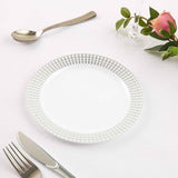 White Plastic Disposable Salad Dessert Appetizer Plates, Round With Silver Hot Stamped Checkered Rim