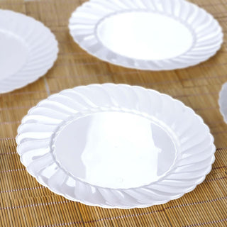 Elegant and Convenient: 12 Pack of Glossy White Swirl Rim Round Disposable Dinner Plates