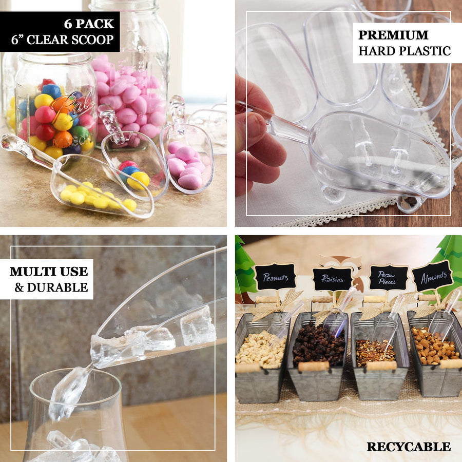 6 Pack - 6inch Clear Plastic Scoop, Candy Scooper, Popcorn Scoop Spoon