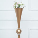 27inch Shiny Gold Crystal Embellishment Trumpet Flower Vase, Reversible Plastic Table Centerpiece