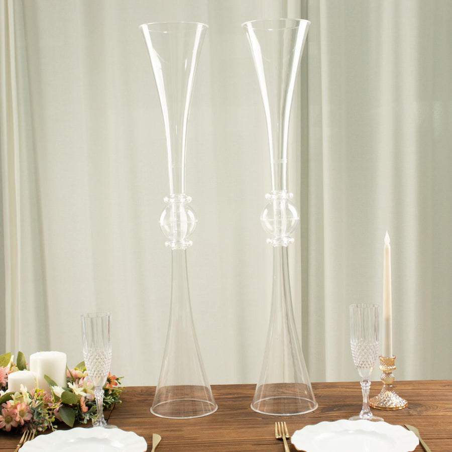 2 Pack | 31inch Clear Crystal Embellishment Trumpet Flower Vase, Reversible Plastic Centerpiece