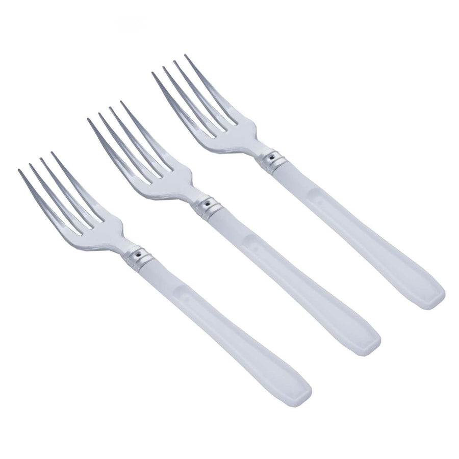 25 Pack - 7inch Light Silver Heavy Duty Plastic Forks with White Handle25 Pack - 7inch Light Silver Heavy Duty Plastic Forks with White Handle#whtbkgd