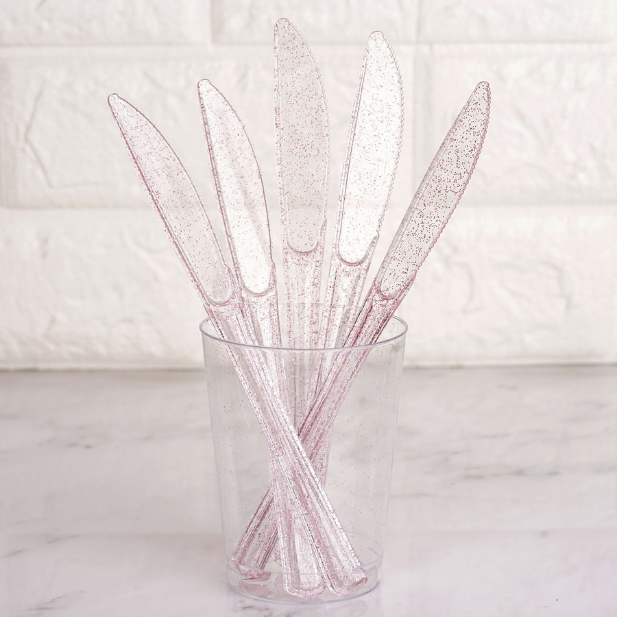 25 Pack 7inch Transparent Blush Glitter Classic Heavy Duty Disposable Knives, Sparkly Plastic