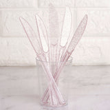 25 Pack 7inch Transparent Blush Glitter Classic Heavy Duty Disposable Knives, Sparkly Plastic
