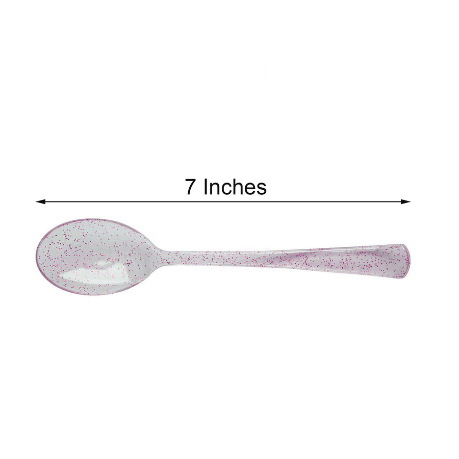 25 Pack 7inch Transparent Blush Glitter Classic Heavy Duty Disposable Spoons, Sparkly Plastic