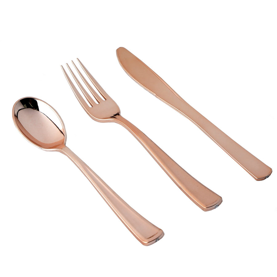 30 Pack Metallic Rose Gold Heavy Duty Plastic Silverware Set, Disposable Blush Cutlery Utensil Set#whtbkgd