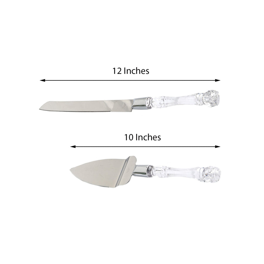 2 Set | Stainless Steel Knife and Server Party Favors Set With Clear Acrylic Handle | Free Gift Box 
