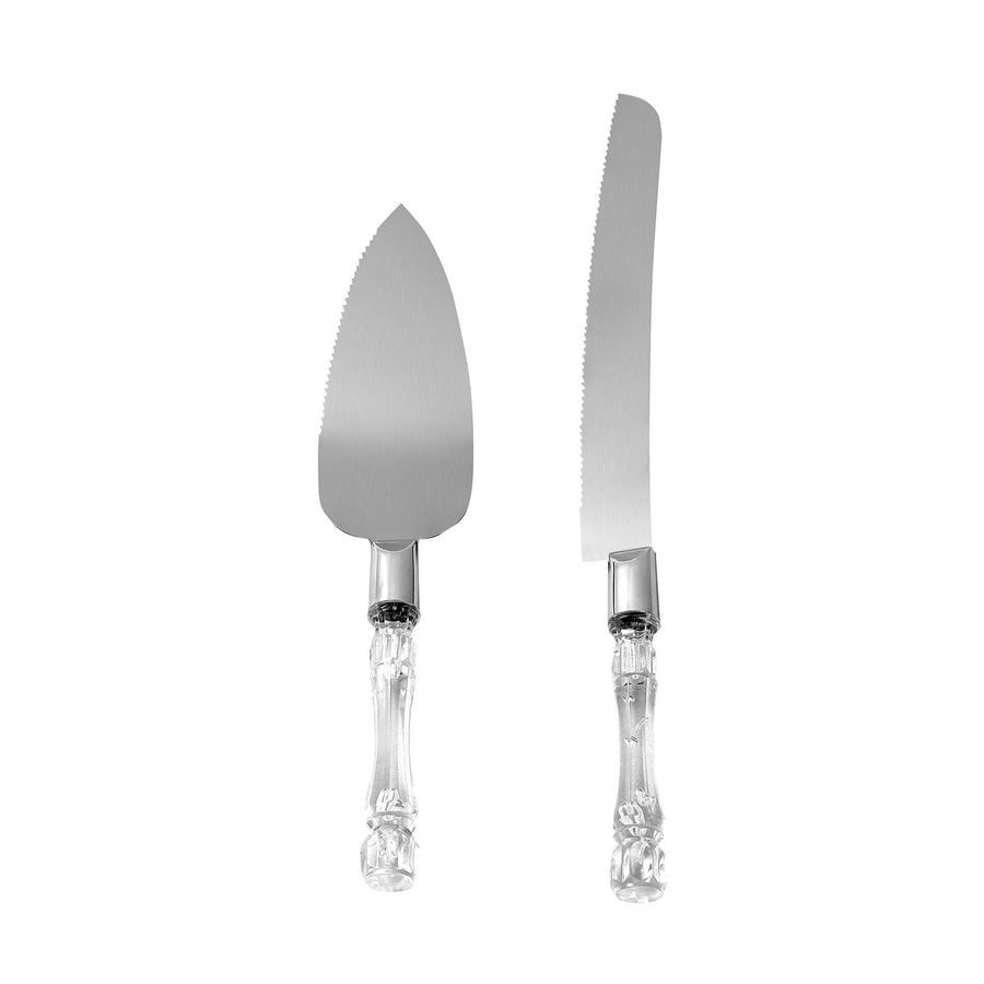 2 Set | Stainless Steel Knife and Server Party Favors Set With Clear Acrylic Handle | Free G#whtbkgd