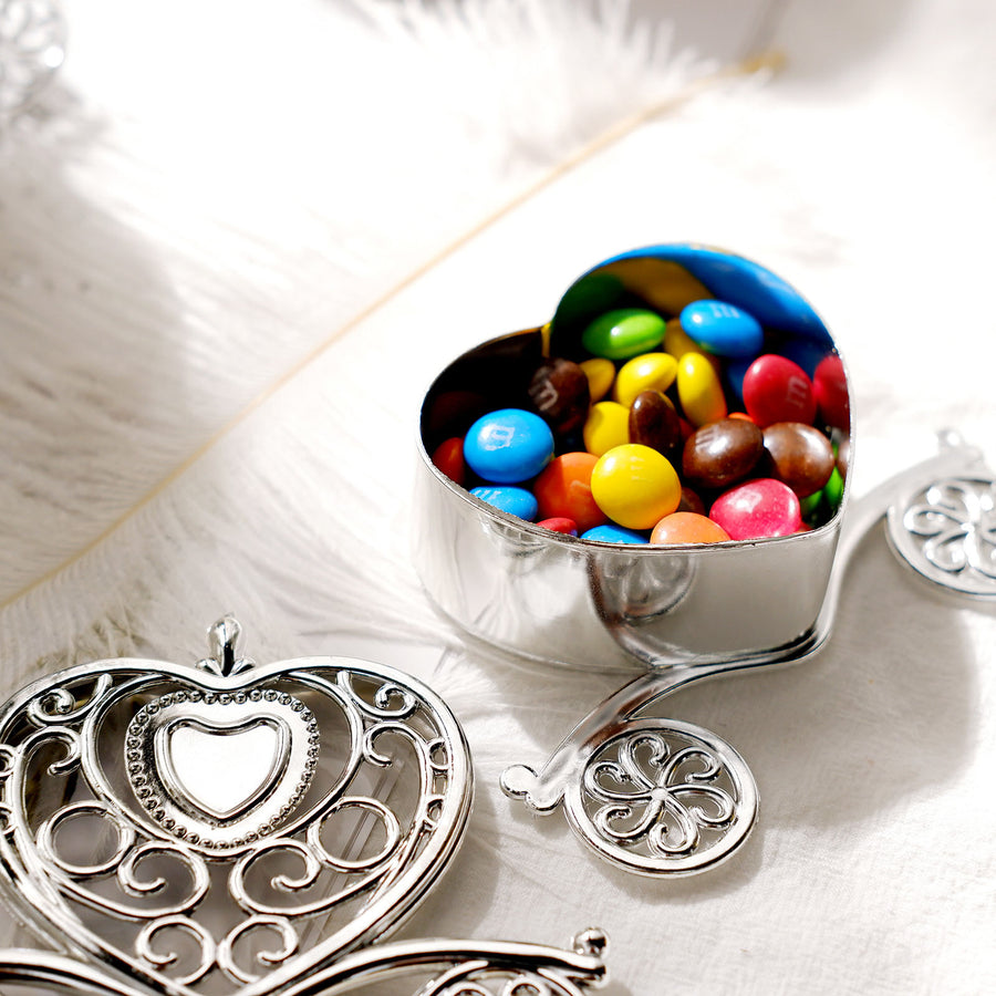 12 Pack | 4 inch Silver Heart Carriage Party Favor Containers, Wedding Candy Boxes