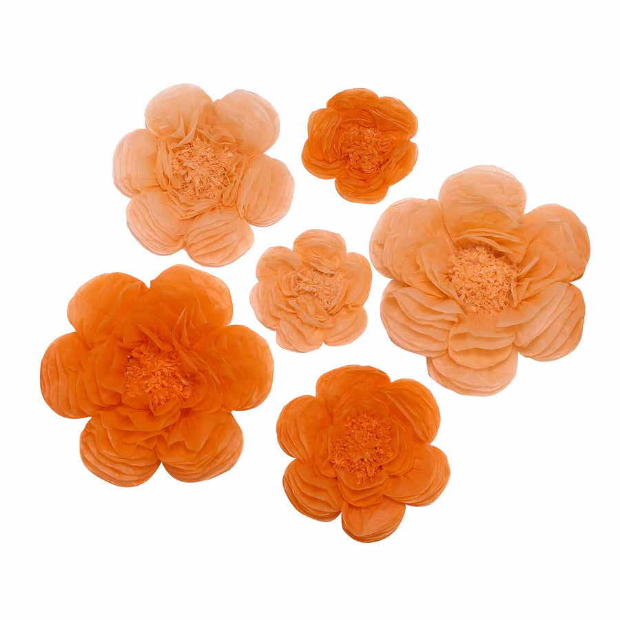 6 Pack Peach & Orange Assorted Size Paper Peony Flowers - 7" | 9" | 11" #whtbkgd