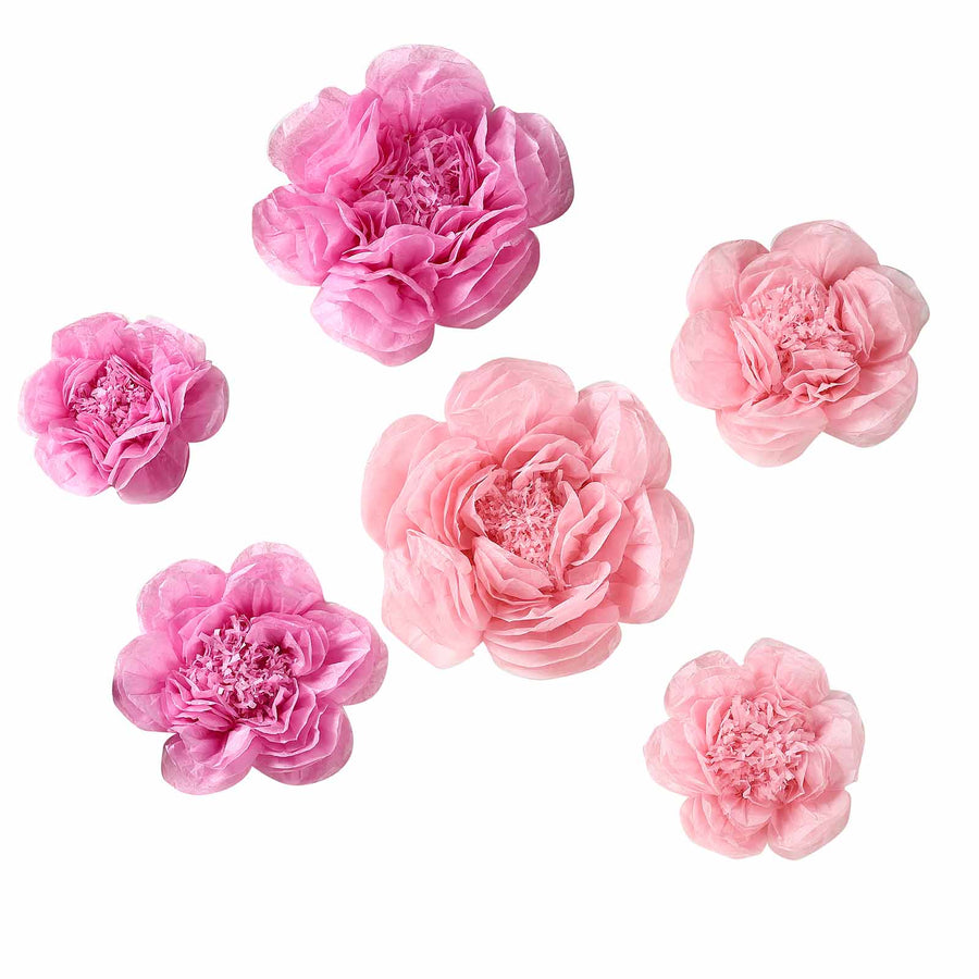 6 Pack Pink & Fuchsia Assorted Size Paper Peony Flowers - 7" | 9" | 11" #whtbkgd