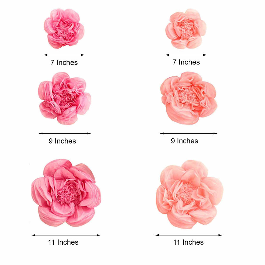 6 Pack Pink & Fuchsia Assorted Size Paper Peony Flowers - 7" | 9" | 11"