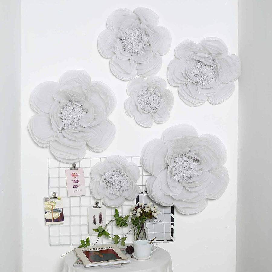6 Pack White Assorted Size Paper Peony Flowers - 7" | 9" | 11"