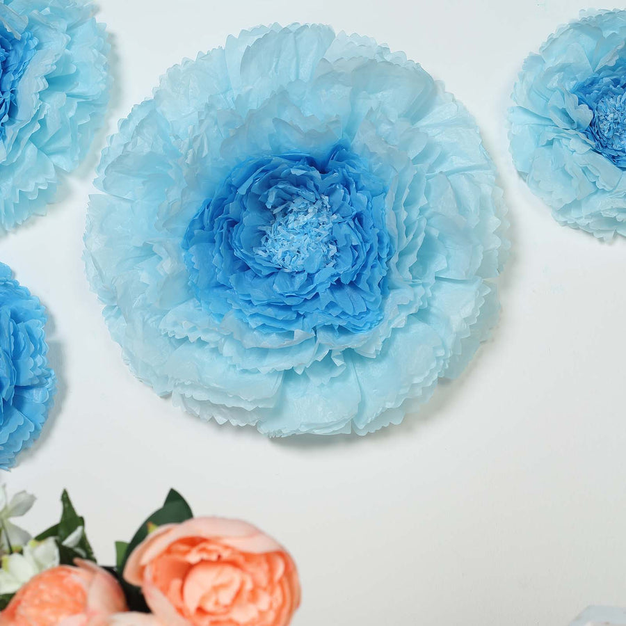 6 Multi Size Pack | Carnation Aqua Blue Dual Tone 3D Wall Flowers Giant Tissue Paper Flowers - 12",16",20"