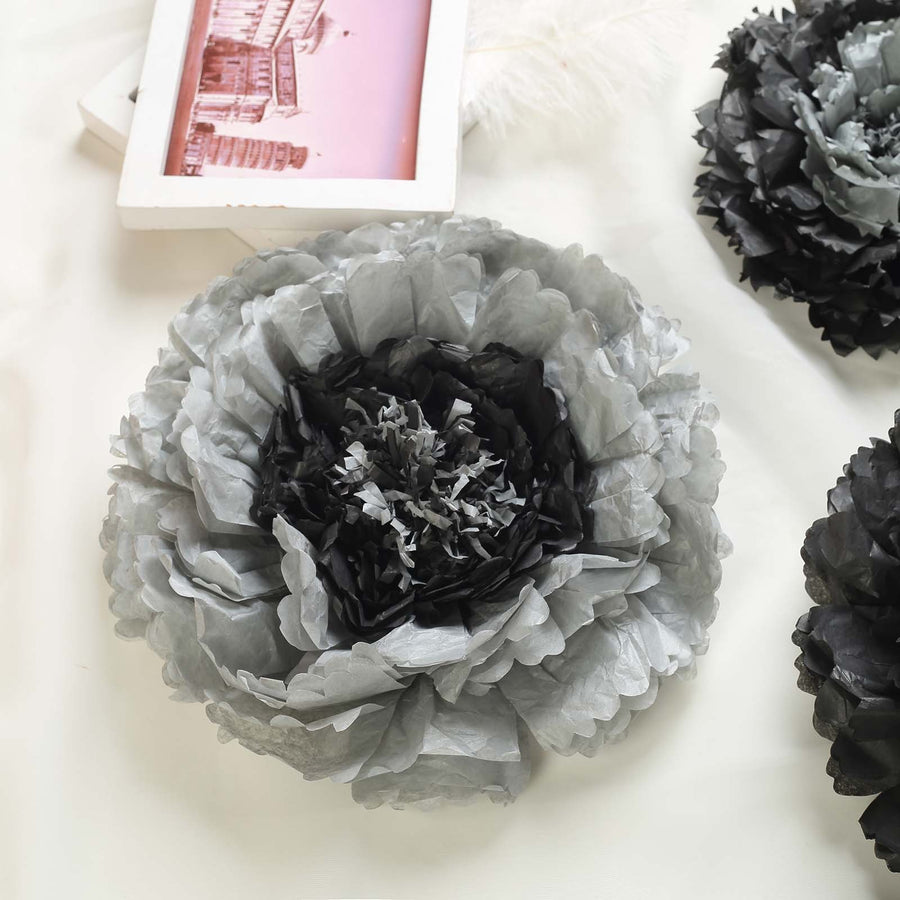 6 Multi Size Pack | Carnation Charcoal Grey Dual Tone 3D Wall Flowers Giant Tissue Paper Flowers - 12",16",20"