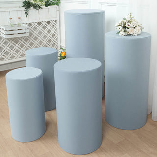 Elevate Your Event Decor with Dusty Blue Cylinder Stretch Fitted Pedestal Pillar Prop Covers