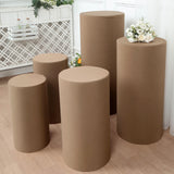 Set of 5 | Taupe Cylinder Stretch Fitted Pedestal Pillar Prop Covers, Display Box Stand Covers