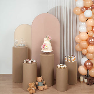 Elevate Your Event Decor with Taupe Cylinder Stretch Fitted Pedestal Pillar Prop Covers