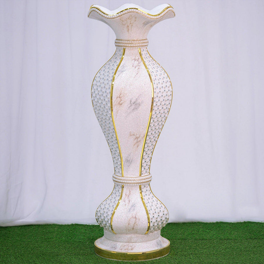 Shimmering Gold Glittered Marble Design Flower Pot Vase With Pearls and Mirror Mosaic Embellishment