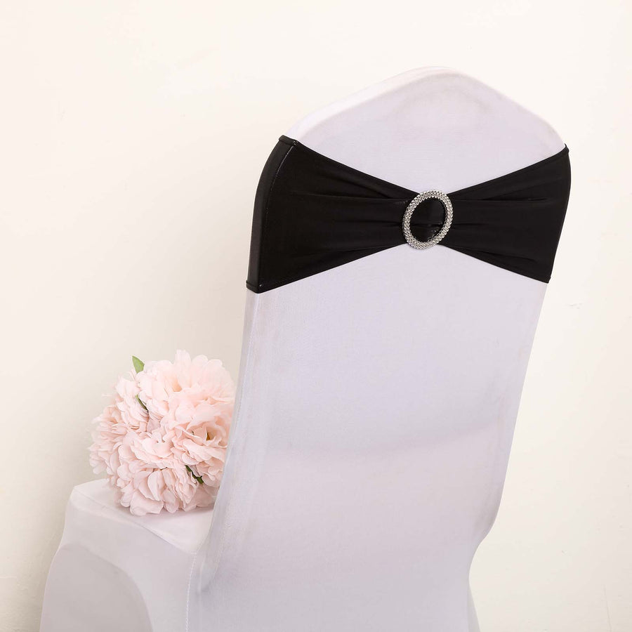 5 pack Metallic Black Spandex Chair Sashes With Attached Round Diamond Buckles
