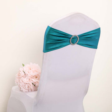 5 Pack Metallic Peacock Teal Spandex Chair Sashes With Attached Round Diamond Buckles