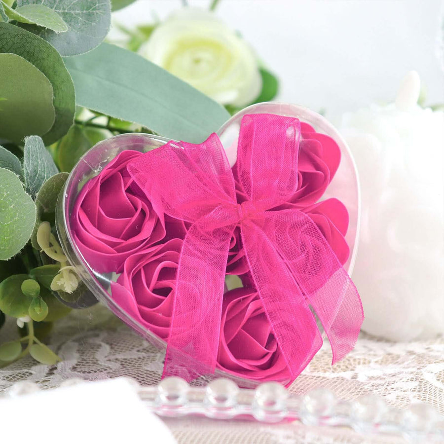 4 Pack | 24 Pcs Fuchsia Scented Rose Soap Heart Shaped Party Favors With Gift Boxes And Ribbon