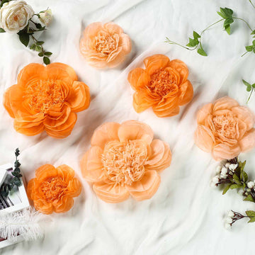 Set of 6 | Peach / Orange Peony 3D Paper Flowers Wall Decor - 7",9",11"