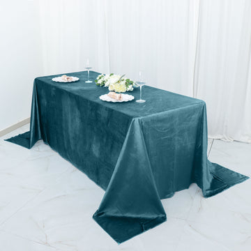 90"x132" Peacock Teal Seamless Premium Velvet Rectangle Tablecloth, Reusable Linen