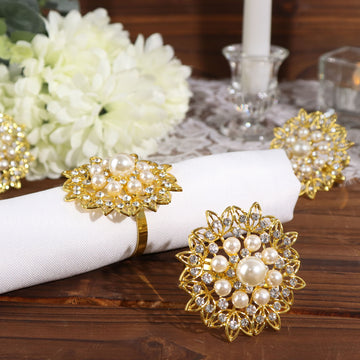 4 Pack Pearl And Diamond Rhinestone Flower Gold Metal Napkin Rings, Decorative Napkin Buckle Holders