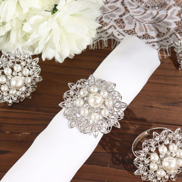 4 Pack Pearl And Diamond Rhinestone Flower Silver Metal Napkin Rings, Decorative Napkin Buckle Holders