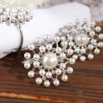 4 Pack Pearl And Diamond Rhinestone Silver Metal Napkin Rings, Decorative Napkin Buckle Holders