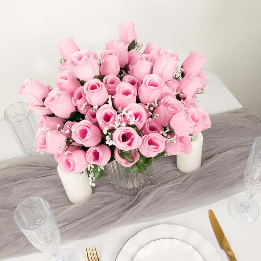 12 Bushes | Pink Artificial Premium Silk Flower Rose Bud Bouquets