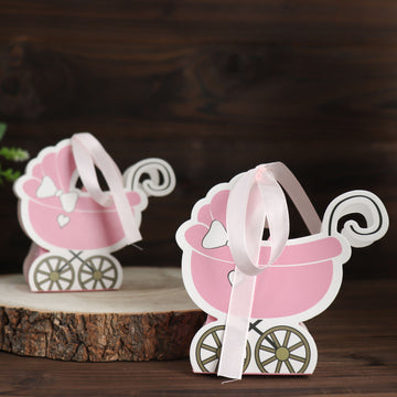 25 Pack Pink Baby Paper Stroller Party Favor Gift Boxes, Cardstock Carriage Candy Boxes with Ribbon Ties - 4.5"x2"x4"