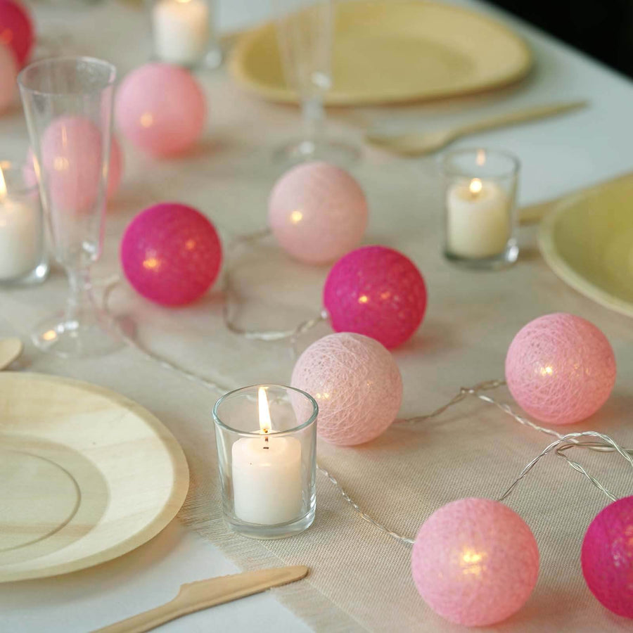 13FT Cotton Ball String Lights Battery Operated With 20 Warm White LED - Blush | Fuchsia | Pink