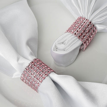 10 Pack | Pink Diamond Rhinestone Napkin Rings, Chair Sash Velcro Brooch Buckle